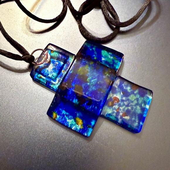 Handcrafted Colorful Speckled Blue Art Glass Cross Pendant - Picture 1 of 7
